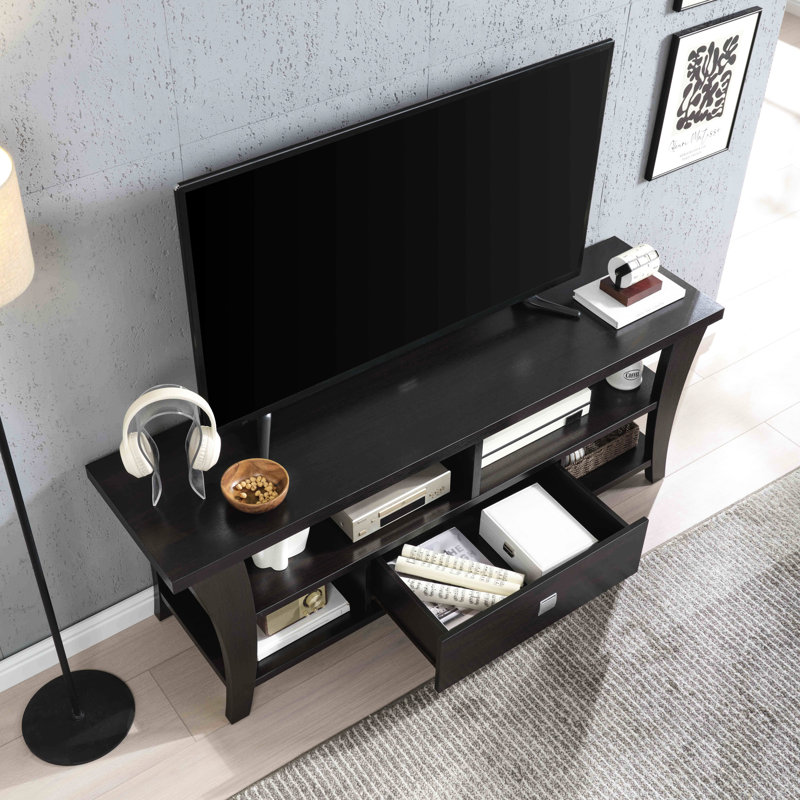 Tv Stand With Curved Leg Design, Metal Square Handle, Divided Shelf, 60 - 69 Inch Compatible Stand, One Drawer,
