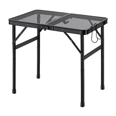 Table de barbecue pliante 61 x 41 cm (24 x 16 po) en aluminium, légère et compacte, idéale pour le camping, supporte jusqu'à 41 kg (90 lb) et les pique-niques. Hauteur réglable, support latéral extérieur avec poignée de transport, grille métallique noire.