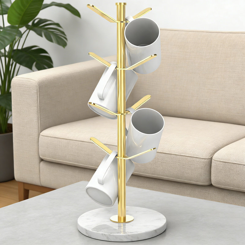 Arbre porte-tasse en acier inoxydable avec base en marbre robuste, 8 crochets antidérapants pour le comptoir de cuisine, le bureau et l'organisation de café