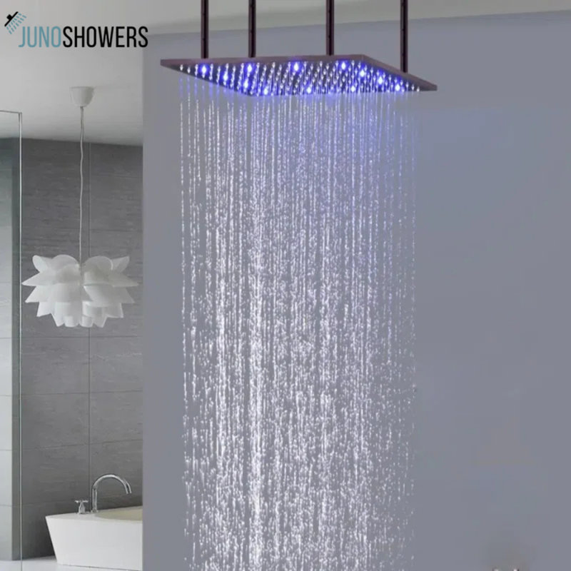 Adjustable rainfall showerhead with anti-clog nozzles and sleek brushed finish design