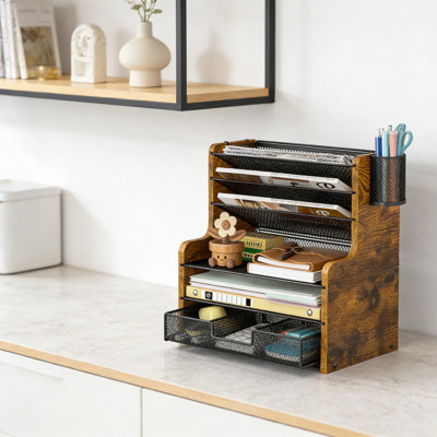 6-Tier Mesh Desk Organizer With Drawer, Sturdy Wood And Metal Office File Holder For Papers, Folders, Stationery Supplies, Space-Saving Desktop Orga
