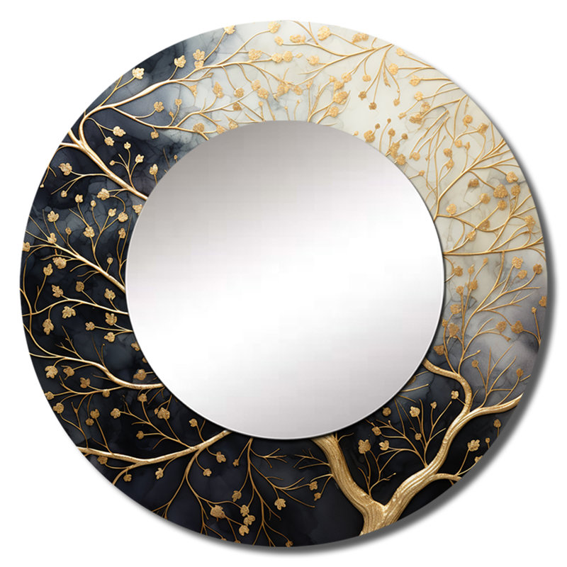 Golden Branch Tree Luminous Tangle II - Tree Monochrome Round Mirror Wall Decor, 36 po x 36 po, Rond