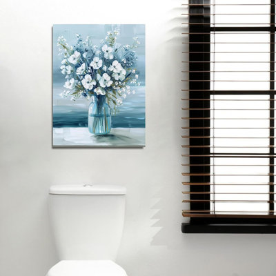 Framed Vintage Flowers Canvas Wall Art Blue And White Floral In Vase Canvas Painting Artwork Modern Abstract Blue Bouquet For Bathroom Bedroom Wall Decor Framed 16X24inch