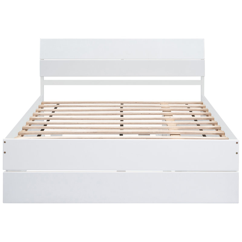 Full Bed Frame With Twin Trundle And 2 Efficient Storage Drawers Gloss Modern Practical Space High, White