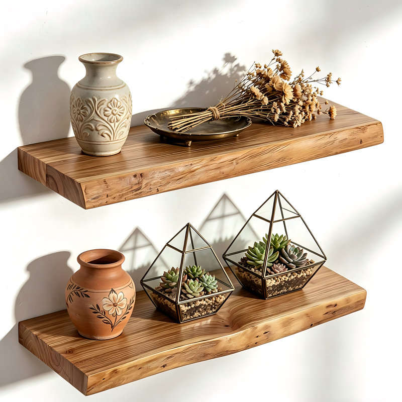 2 tablettes murales flottantes récupérées à rebord vivant, étagère de rangement murale en bois rustique, Naturel