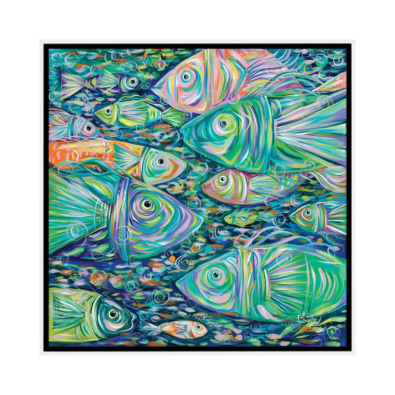" School Of Fish " by Estelle Grengs, No Mat, 26'' H x 26'' W x 1.5'' D, White Framed Canvas