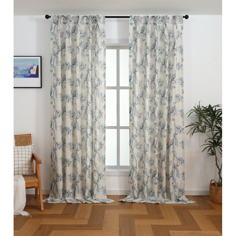 Rideau en mélange de lin diaphane à imprimé paon, L 25 po x L 108 po