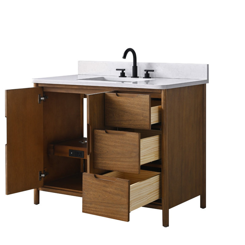 Meuble-lavabo autoportant de 42 po avec plateau en pierre Milano Mist, tablette dissimulée et support pour sèche-cheveux, 42