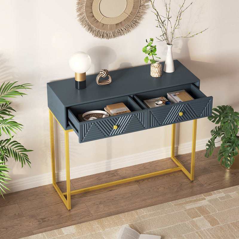 Console Table Entryway Table, Modern Sleek Console Table With Storage, Narrow Console Table With Two Drawers With Stripe Design For Living Room Hallway Entryway, White