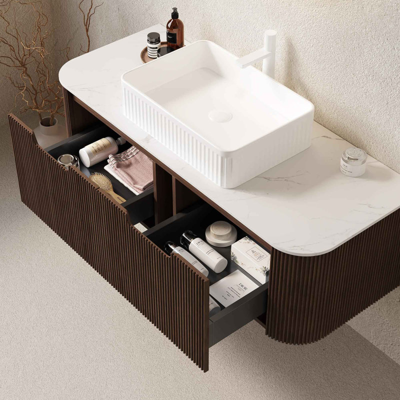Meuble-lavabo de salle de bain 48 po avec lavabo, armoire de rangement murale à bords arrondis avec 2 tiroirs, lavabo rectangulaire en céramique blanc, sans robinet, pré-assemblé