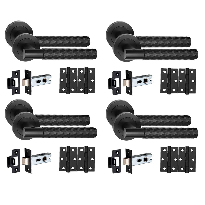Golden Grace 4 Set Knurled Diamond Cut T-Bar Door Handle Set with Ball Bearing Hinges and Latch