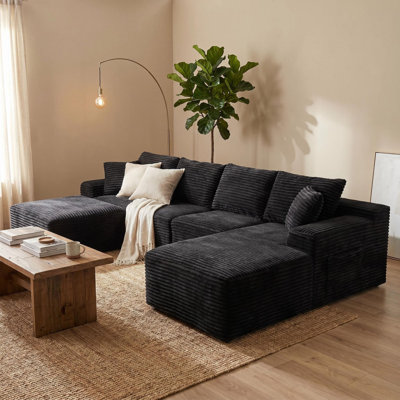 135-2/5" Corduroy Modular Sectional Sofa, Upholstered Floor Couch with 2 Accent Pillows for Living Room