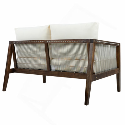 Ensemble de causeuse et de table basse d'extérieur, structure en bois d'acacia avec détails en corde, coussins beiges hydrofuges pour patio / cour arrière / terrasse, brun foncé