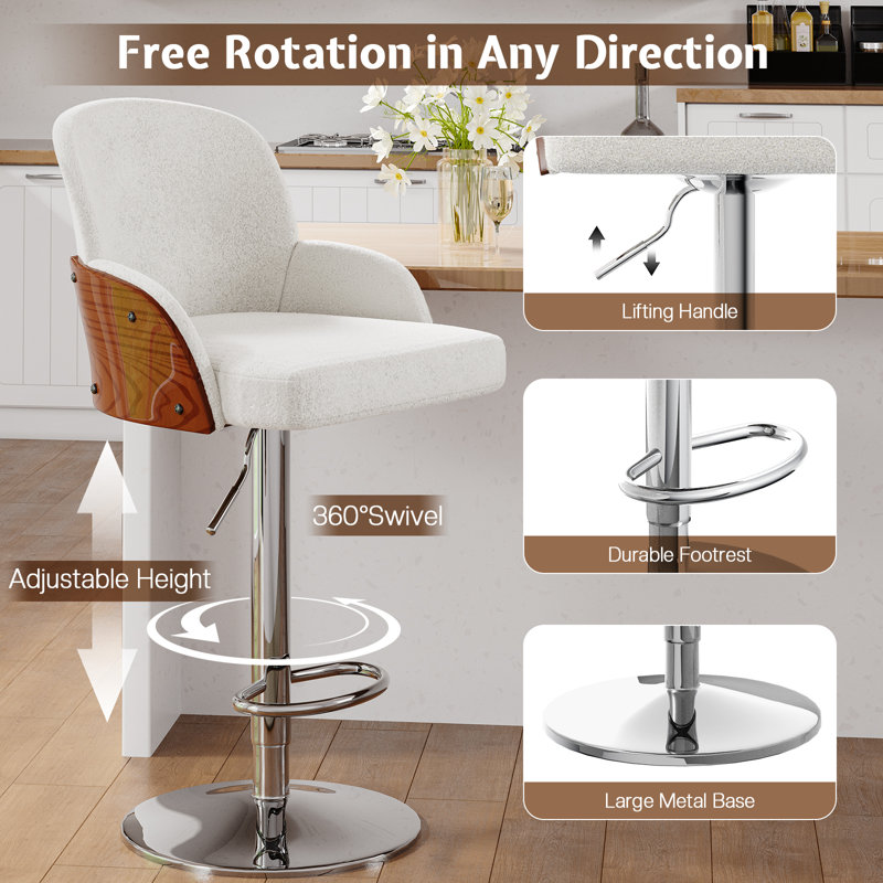 Bar Stools Set Of 4, Upholstered Swivel Barstools, Adjustable Counter Height With Armrest, White