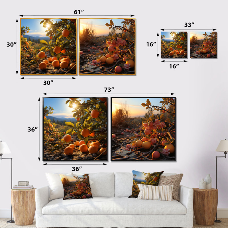 Fruits, agrumes, sérénité, calme et oranges I - fruits, art mural sur toile, ensemble de 2, Cadre flottant doré