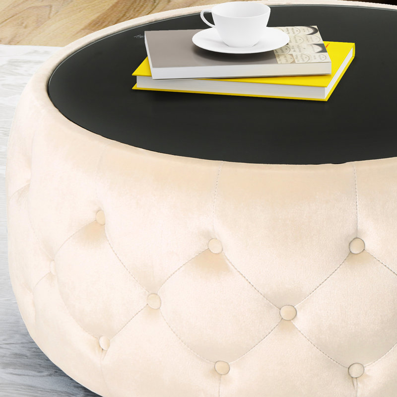 Beige Velvet With Beautiful And Tempered Glass Surface, Modern Addition, 30X30x14.5 Style In Button- Ornament Cover, 30" W X D 14.5" H