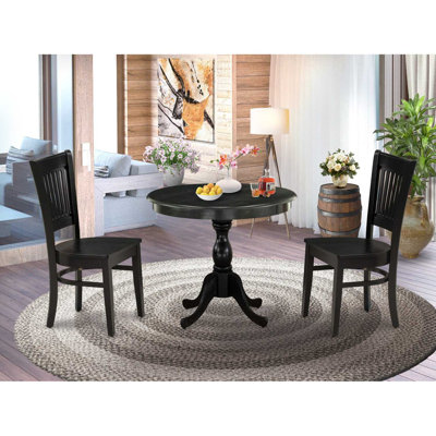 3 Piece Dining Table Set for Small Spaces Contains a Round Kitchen Table with Pedestal and 2 Dining Chairs, Black
