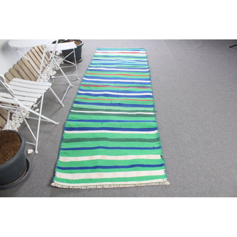 Tapis de couloir turc rétro vintage vert rayé pour couloirs, escaliers et thèmes