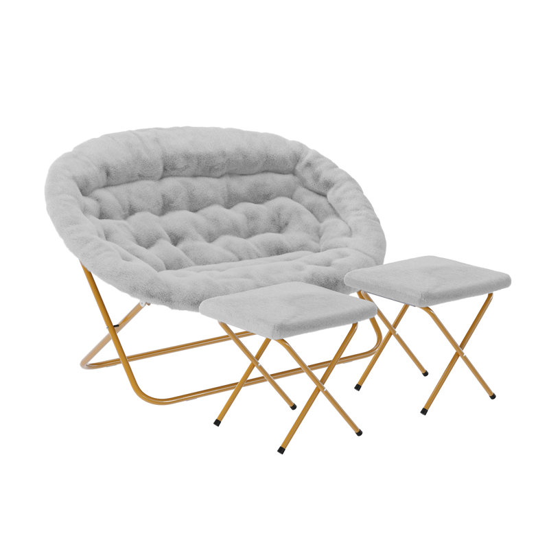 Chaise pliante rembourrée à double soucoupe avec structure en acier et 2 repose-pieds pliants, Polyester gris