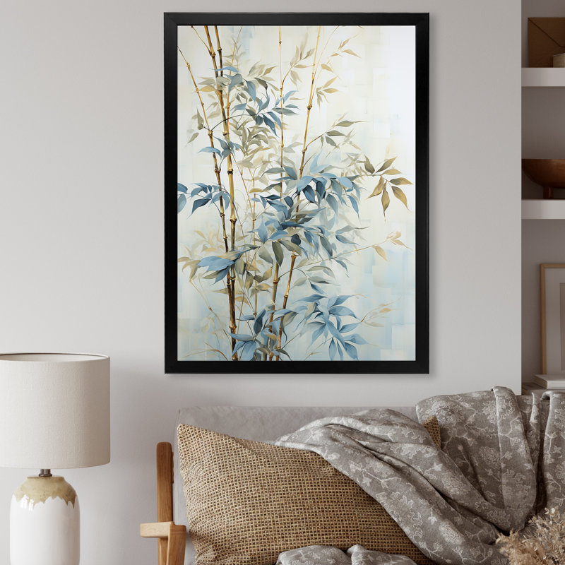 «Blue and Golden Minimalisme Bamboo», reproduction d'art sur toile_106599, H 20 po x l 12 po x P 1 po, Cadre simple noir
