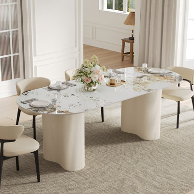 71" Modern Luxury Faux Marble 4-6 People Oval Dining Table, Double Roman Column Black Legs Modern Minimalist Kitchen Table For Living Room Dining Room