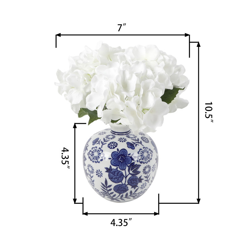 Hydrangea Arrangement in Vase, White, 10.5" H x 7" W x 7" D, Blue