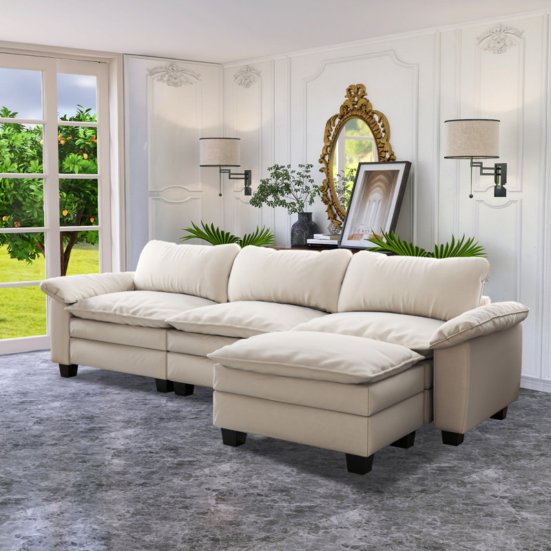 Primeaux 117.7"W 4 Piece Velvet Modular Sectional, RAF, LAF, Ottoman, Beige