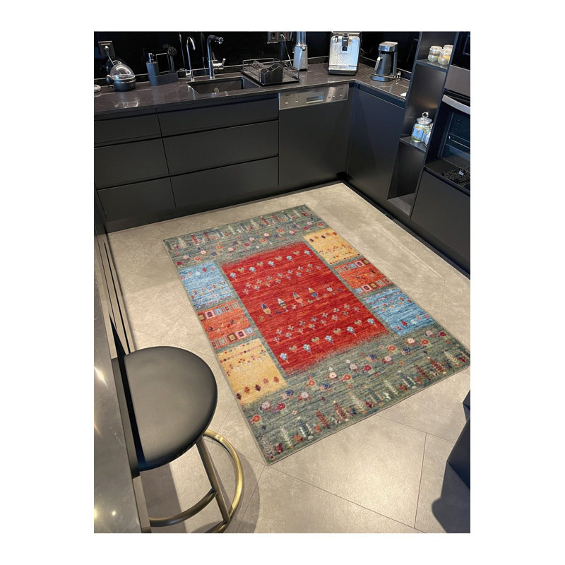Tapis rouge tissé à motif géométrique rouge lavable à la machine, Tapis de couloir 2 pi 6 po x 9 pi 10 po inclus