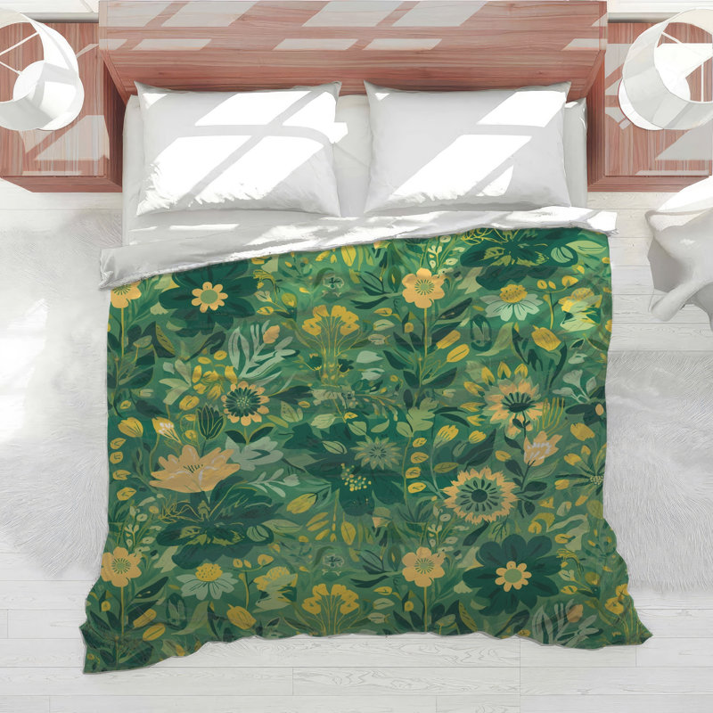 Édredon vert et jaune à motif floral, Très grand lit