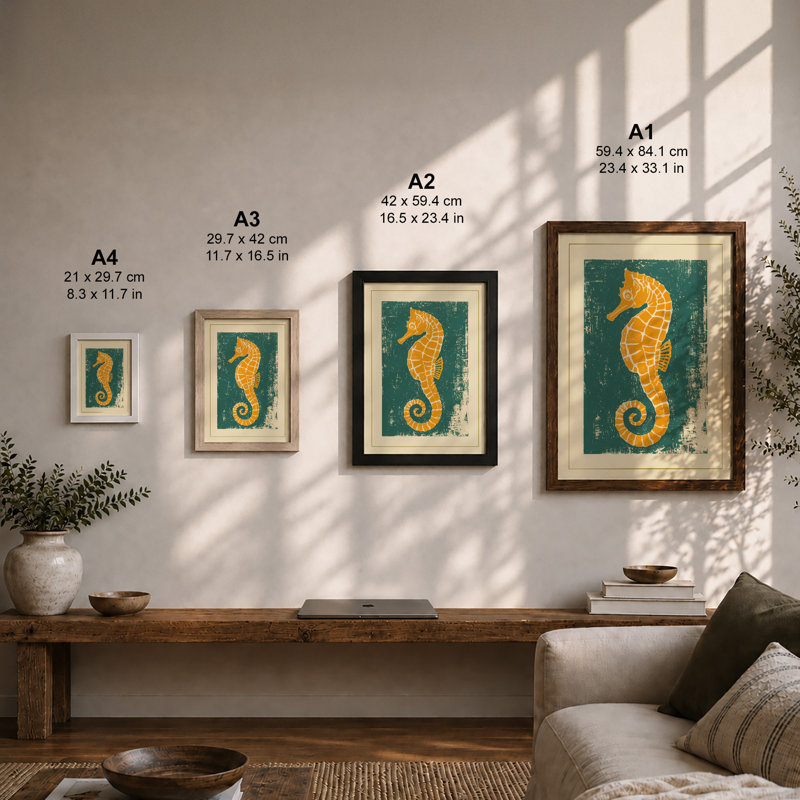 Golden Seahorse Vintage - Print, Unframed, A4 - 29.7 x 21.0 cm