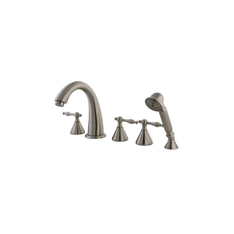 Naples Triple Handle Deck Mounted Roman Tub Faucet with Handshower, Satin Nickel