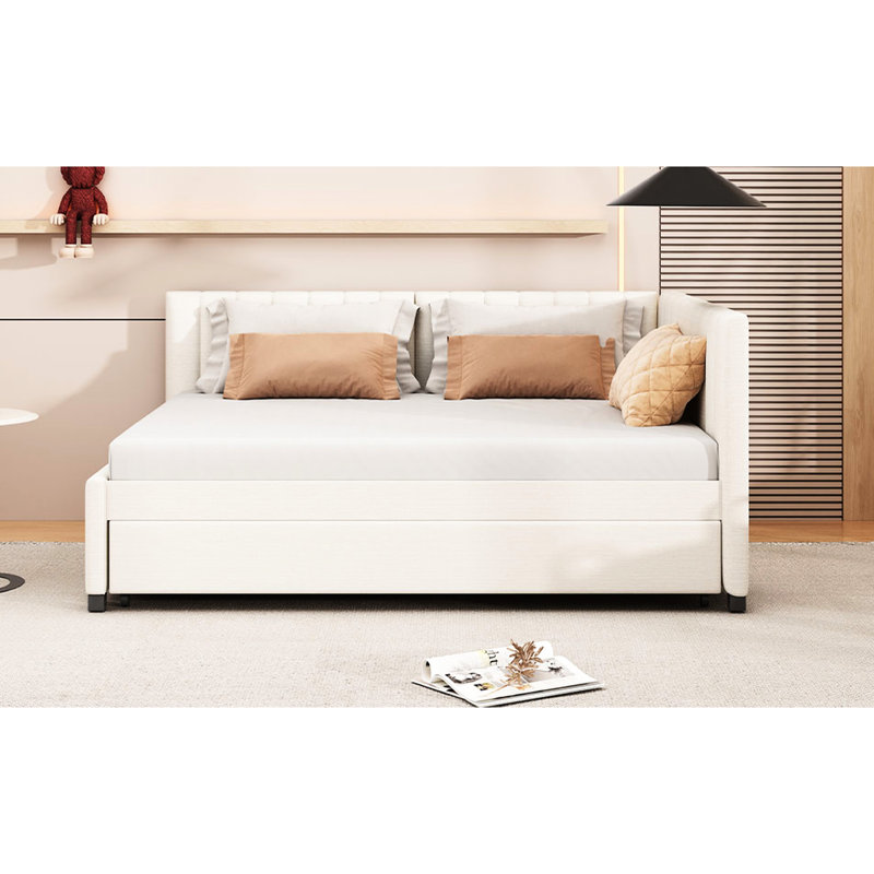 Full Size Upholstered Daybed With Twin Trundle, Beige Linen, No Box Spring, Robust And Stable Frame For Sleepovers Linen Upholstery, Strong Secure Bed Design, Space Saving