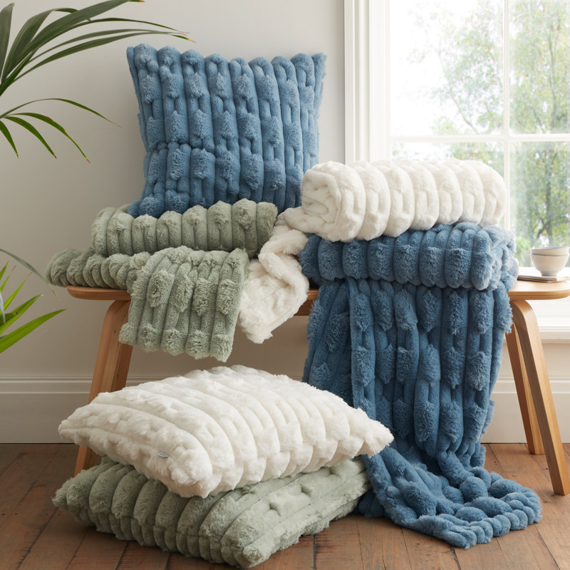 Carved Faux Fur Cushion Cover, Blue, Feather