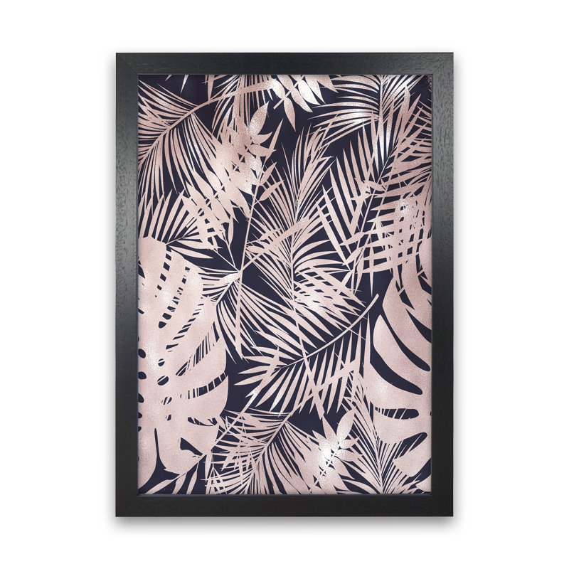 Lux Leaf Print Pink And Navy by Pixy Paper - Print, 59.4cm H x 42cm W x 3cm D, Black Framed
