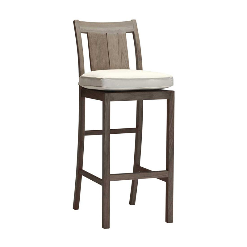Croquet 30" Patio Bar Stool with Cushion, Welt, Rollo Lace InsideOut® Linen, Natural Teak