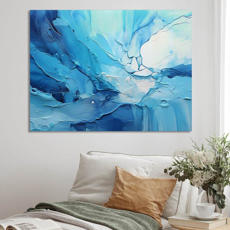 «Blue and White Cool Water Drip I - Abstract Collages, art mural sur toile, H 12 po x l 20 po x P 1 po, Toile tendue