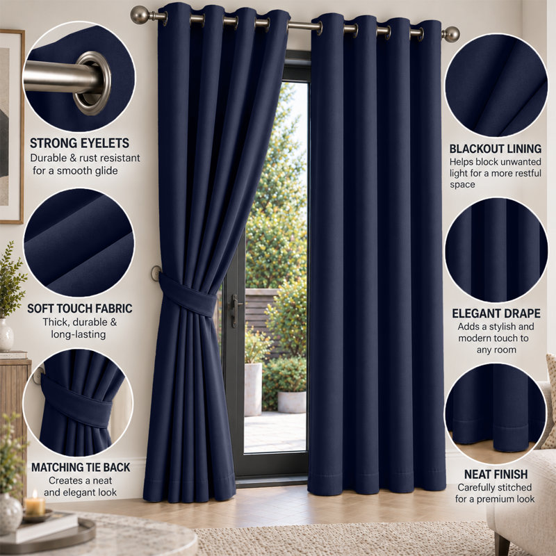 Imperial Homeware London Blackout Curtains, Navy, 229 × 229 cm