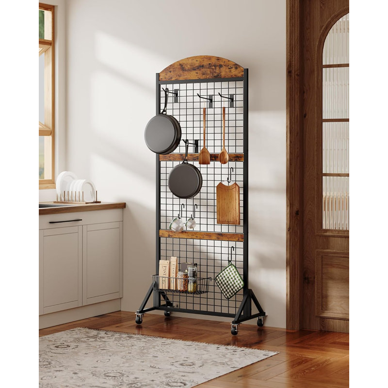 Movable Gridwall Display Stand, Sturdy Floorstanding Wire Grid Rack, Rustic Brown And Black