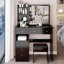 Meuble-lavabo de bureau de 37 po avec tabouret de maquillage à gauche et tabouret rembourré, très grand miroir coulissant à droite, rangement multicouche à grande capacité, ensemble de maquillage pratique à la mode, certificat EPA, GCC, UL-2115002466