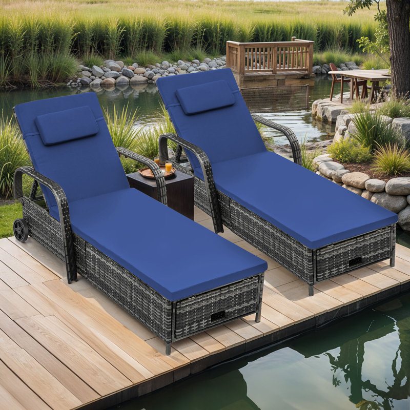 Anayelly Outdoor Wicker Chaise Lounge with Storage Space, Blue/Gray