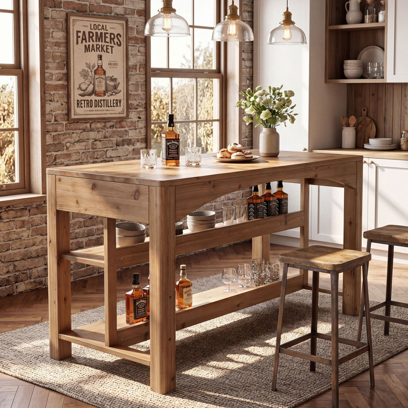 59" Farmhouse Kitchen Island with Two Storage Shelves and Large Worktop