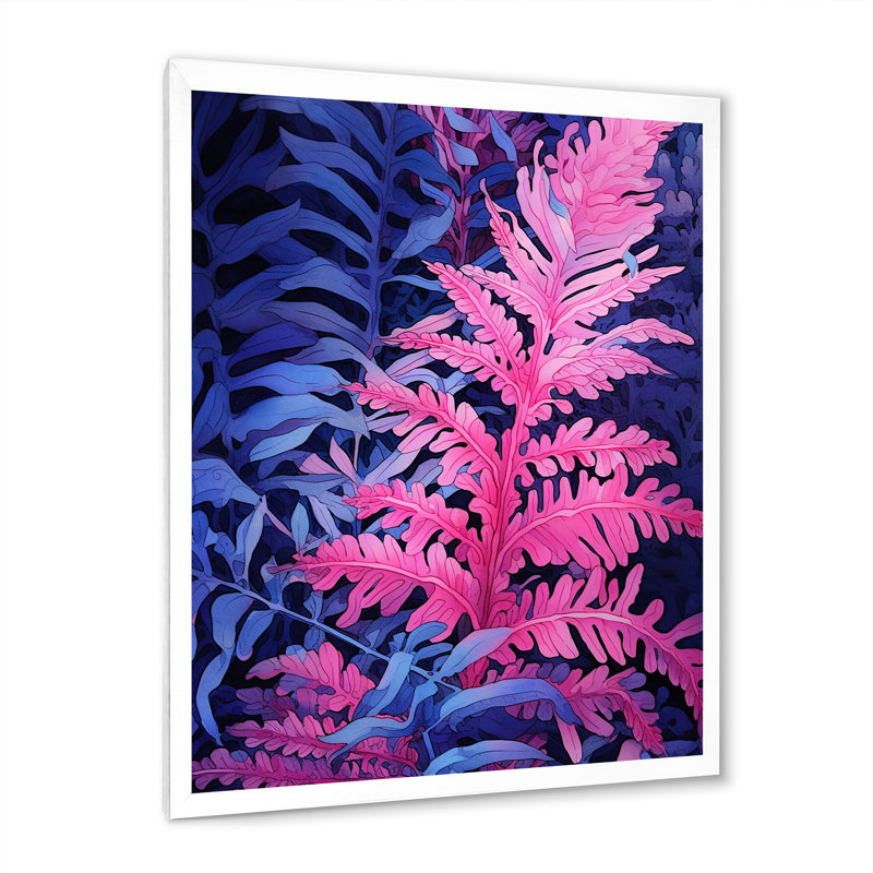 Fond de fougère rose bleue sur toile, Cadre simple blanc, H 40 po x l 30 po x P 1 po