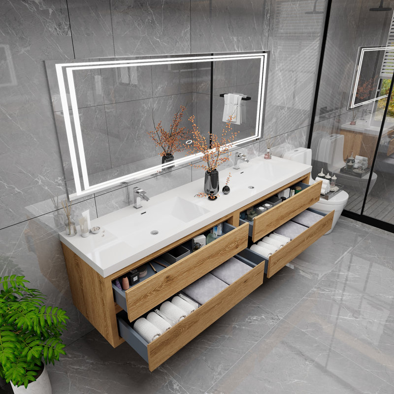 Deshler 83.5'' Double Bathroom Vanity with Acrylic Top, Yellow Wood