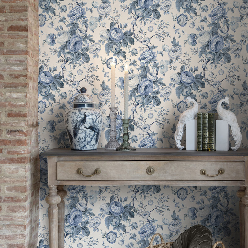 Laura Ashley Uffington Roses Dark Seaspray Wallpaper, Blue