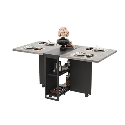 Table de salle à manger pliante haut de gamme – Conception compacte à abattants avec 6 roulettes et 2 niveaux de rangement, table extensible pour cuisine et salle à manger, couleur gris