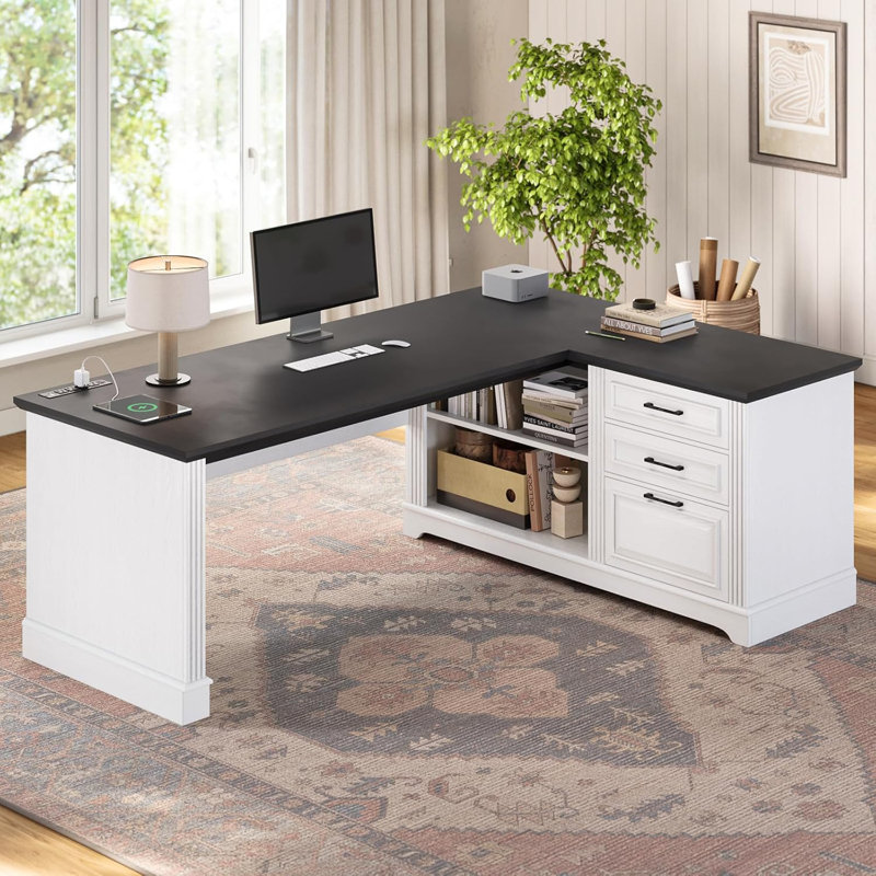 61" Executive Desk, Farmhouse L Shaped Desk With File Drawers, Home Office Desk With Power Outlets, Computer Desk With Storage Shelves For Home Office