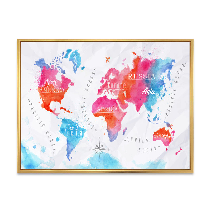 Carte du monde en rose et bleu - Impression sur toile, H 30 po x l 40 po x 1,5 po, Cadre flottant doré