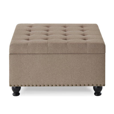 Large Square Storage Ottoman With Wooden Legs, Upholstered Button Tufted Coffee Table With Nail Trims For Living Space