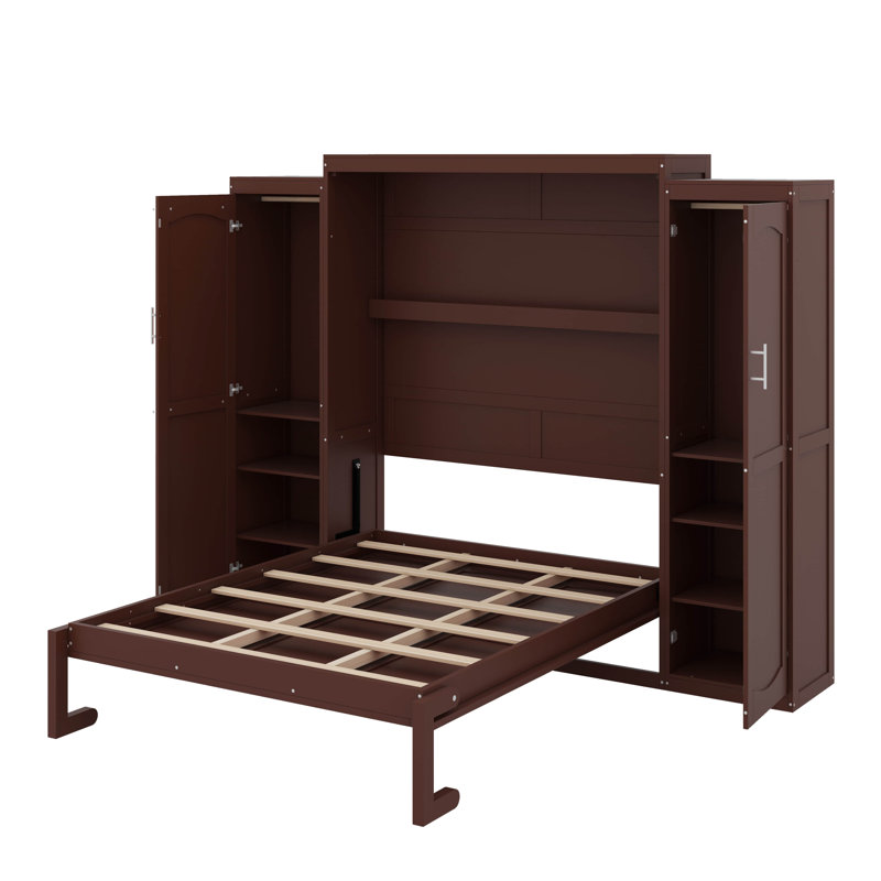 Lit escamotable avec garde-robe et tablette de rangement, Lit double , Noyer