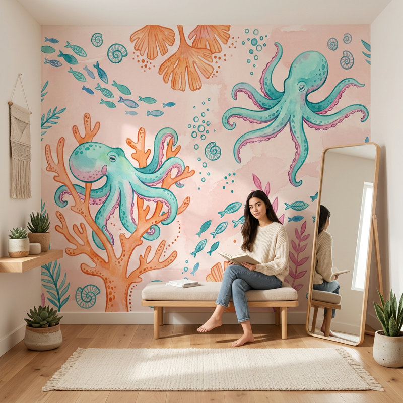 Décoration murale sous-marine pieuvre sous-marine, Texturé non collé, 160 po x 108 po